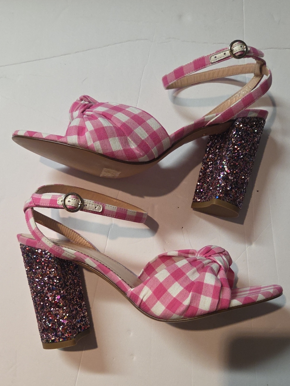 J. Crew Pink and White Gingham Knot Sandals with Glitter Block Heel NWOT